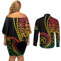 Proudly Ni-Van Sandroing Inspired Classic Style Couples Matching Off Shoulder Short Dress and Long Sleeve Button Shirt LT7 - Polynesian Pride