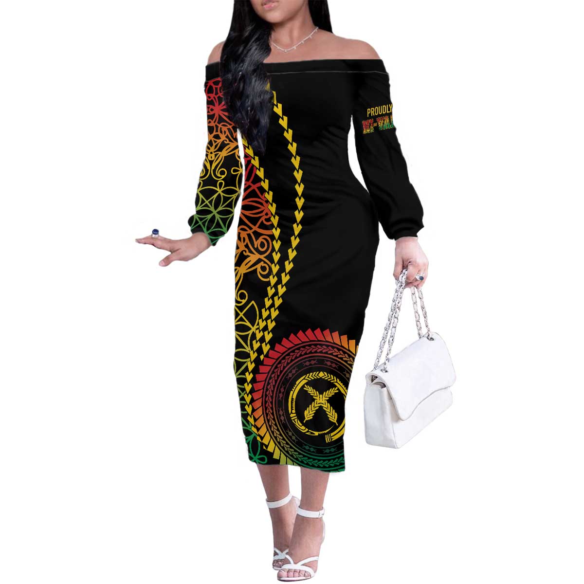 Proudly Ni-Van Sandroing Inspired Classic Style Family Matching Off The Shoulder Long Sleeve Dress and Hawaiian Shirt