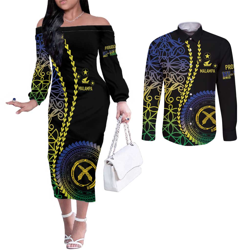 Proudly Ni-Van Sandroing Inspired Couples Matching Off The Shoulder Long Sleeve Dress and Long Sleeve Button Shirt Malampa Classic Style LT7 Colorful - Polynesian Pride