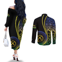 Proudly Ni-Van Sandroing Inspired Couples Matching Off The Shoulder Long Sleeve Dress and Long Sleeve Button Shirt Malampa Classic Style LT7 - Polynesian Pride