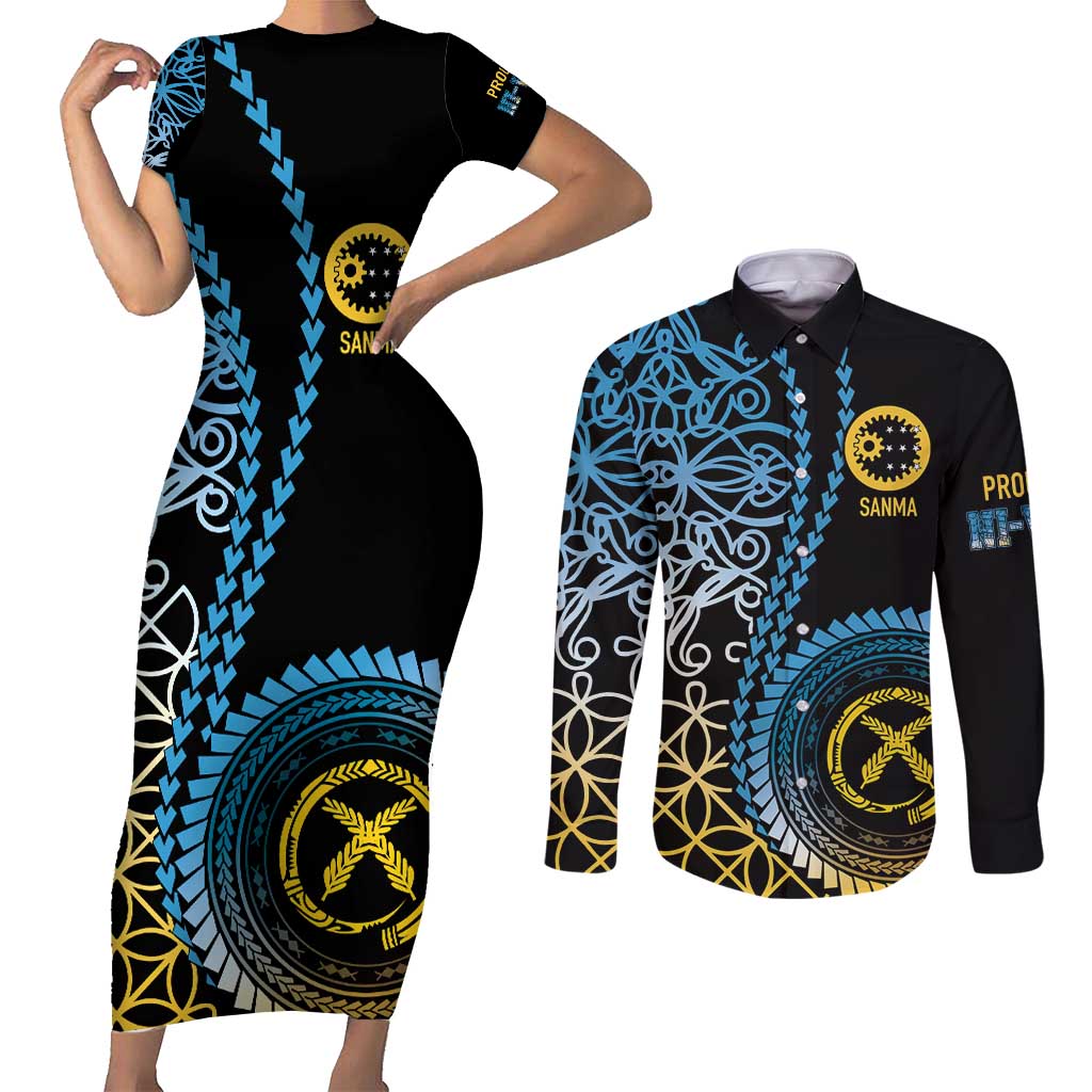 Proudly Ni-Van Sandroing Inspired Couples Matching Short Sleeve Bodycon Dress and Long Sleeve Button Shirt Sanma Classic Style LT7 Colorful - Polynesian Pride