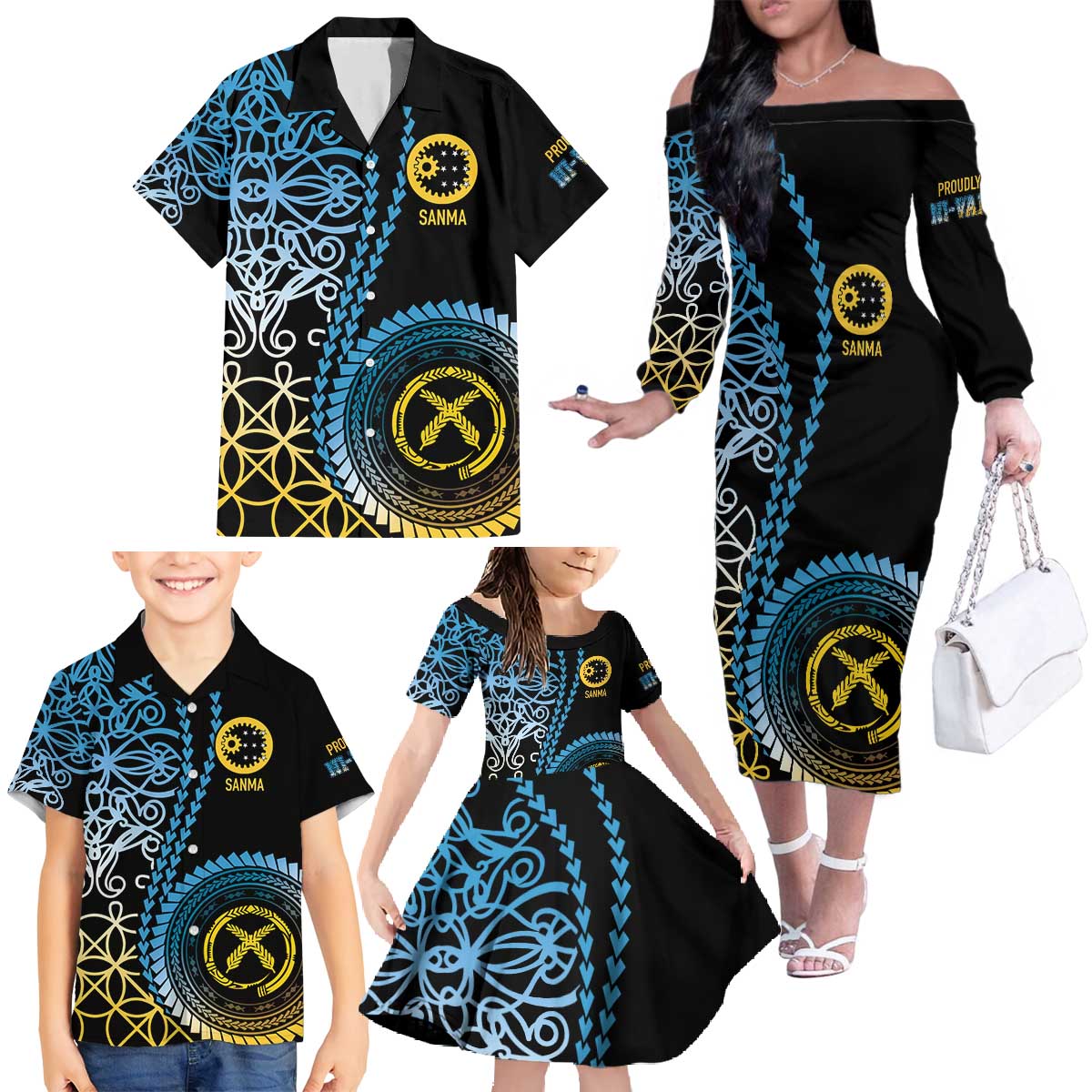 Proudly Ni-Van Sandroing Inspired Family Matching Off The Shoulder Long Sleeve Dress and Hawaiian Shirt Sanma Classic Style