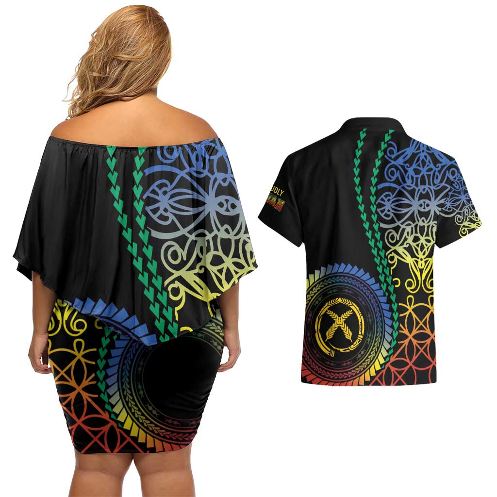 Proudly Ni-Van Sandroing Inspired Couples Matching Off Shoulder Short Dress and Hawaiian Shirt Tafea Classic Style LT7 - Polynesian Pride