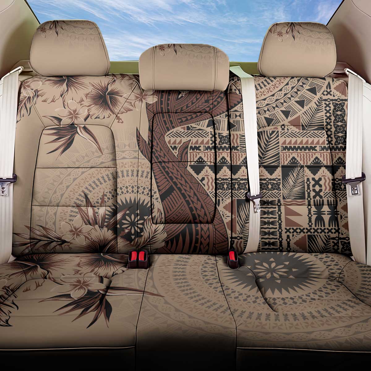 Bula Fiji Back Car Seat Cover Shark Tail Beige Masi Tapa