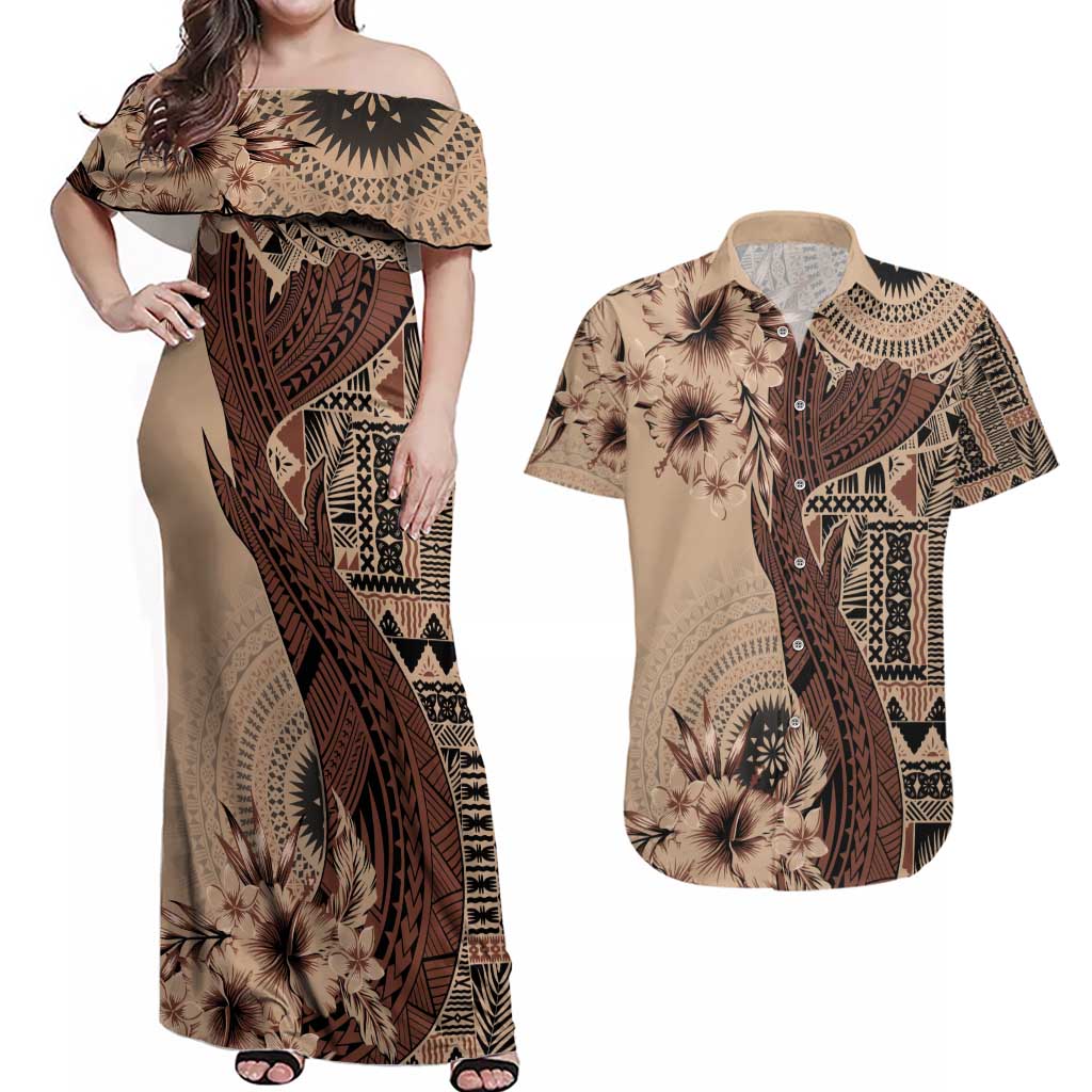 Bula Fiji Couples Matching Off Shoulder Maxi Dress and Hawaiian Shirt Shark Tail Beige Masi Tapa