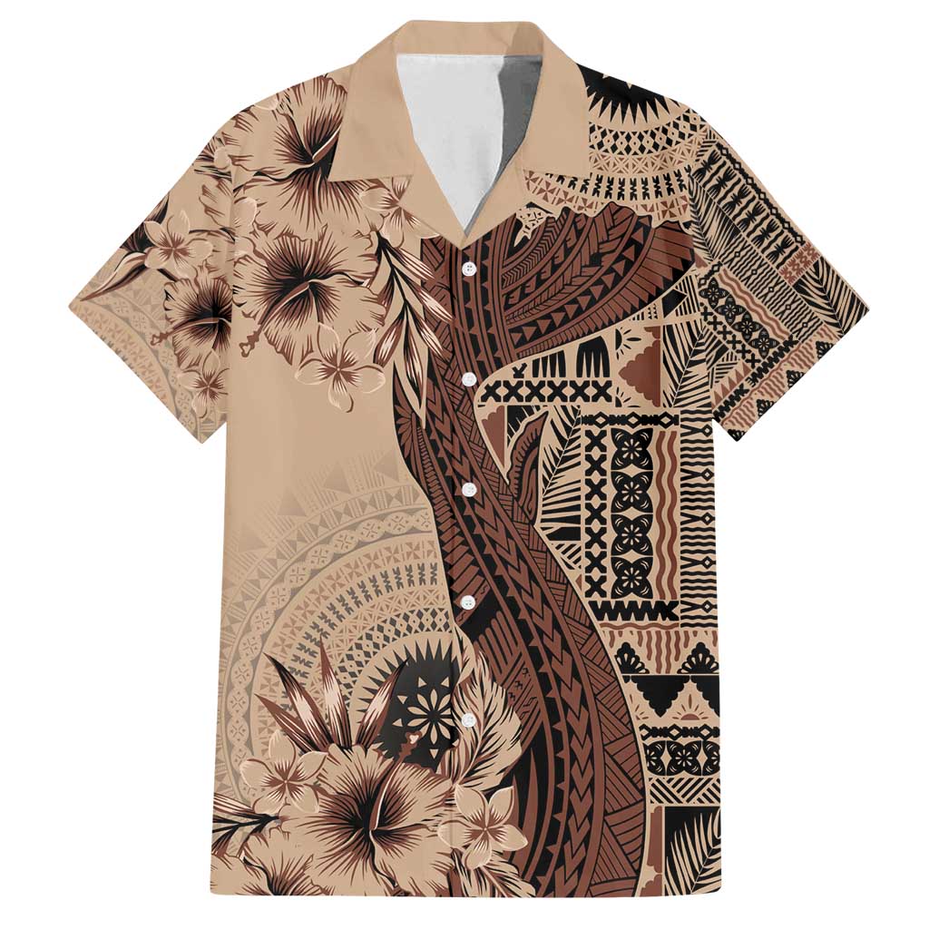 Bula Fiji Family Matching Summer Maxi Dress and Hawaiian Shirt Shark Tail Beige Masi Tapa