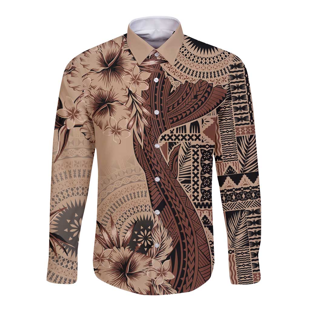 Bula Fiji Long Sleeve Button Shirt Shark Tail Beige Masi Tapa LT7 Unisex Beige - Polynesian Pride