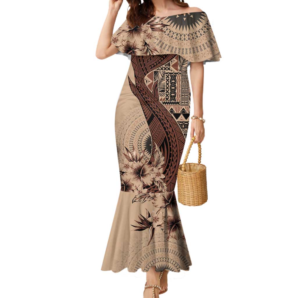 Bula Fiji Mermaid Dress Shark Tail Beige Masi Tapa