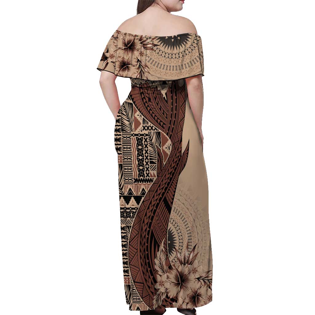 Bula Fiji Off Shoulder Maxi Dress Shark Tail Beige Masi Tapa