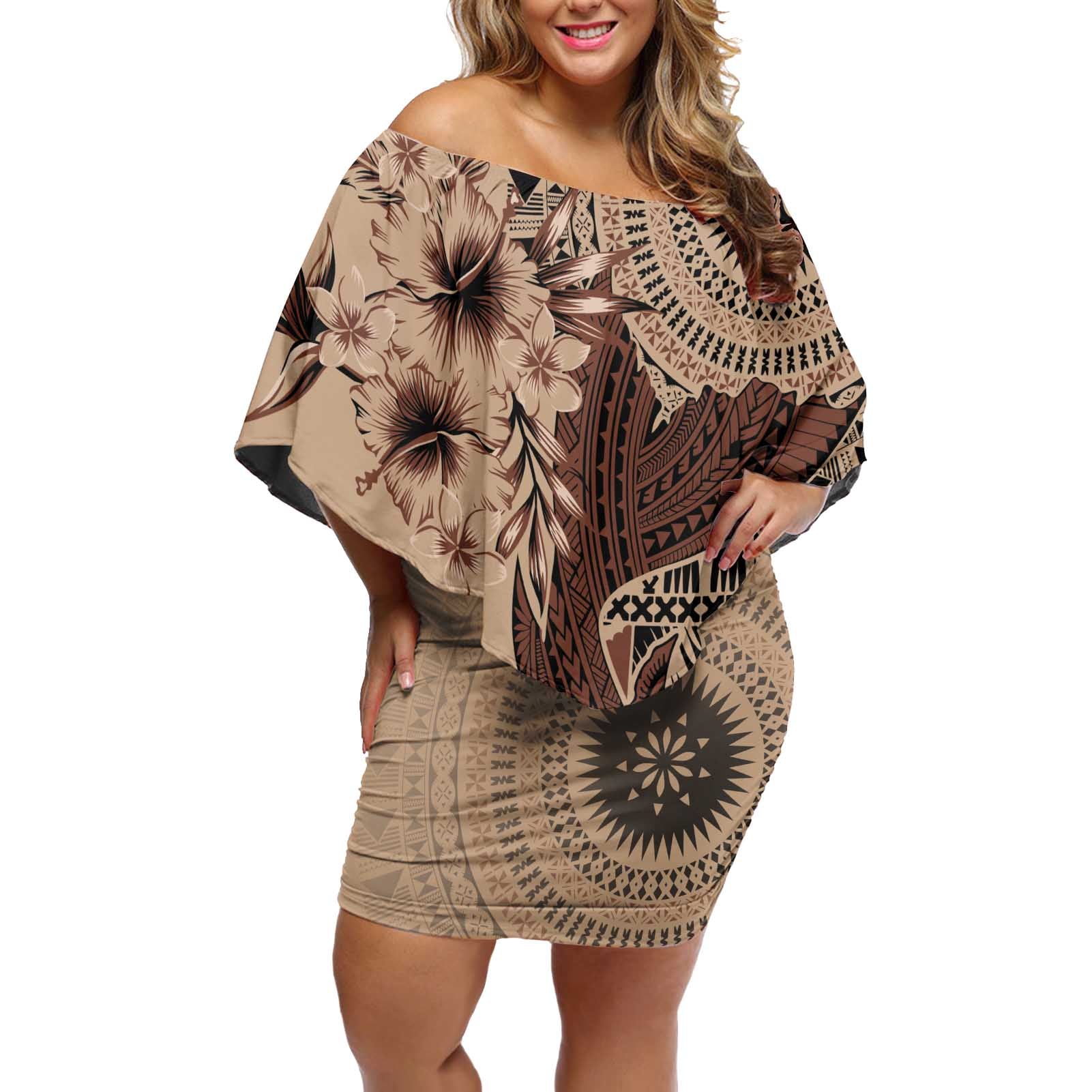 Bula Fiji Off Shoulder Short Dress Shark Tail Beige Masi Tapa