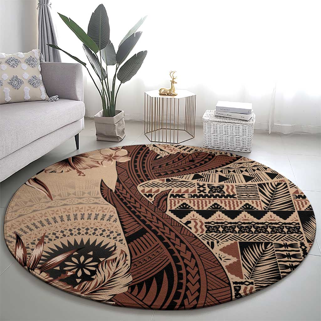 Bula Fiji Round Carpet Shark Tail Beige Masi Tapa