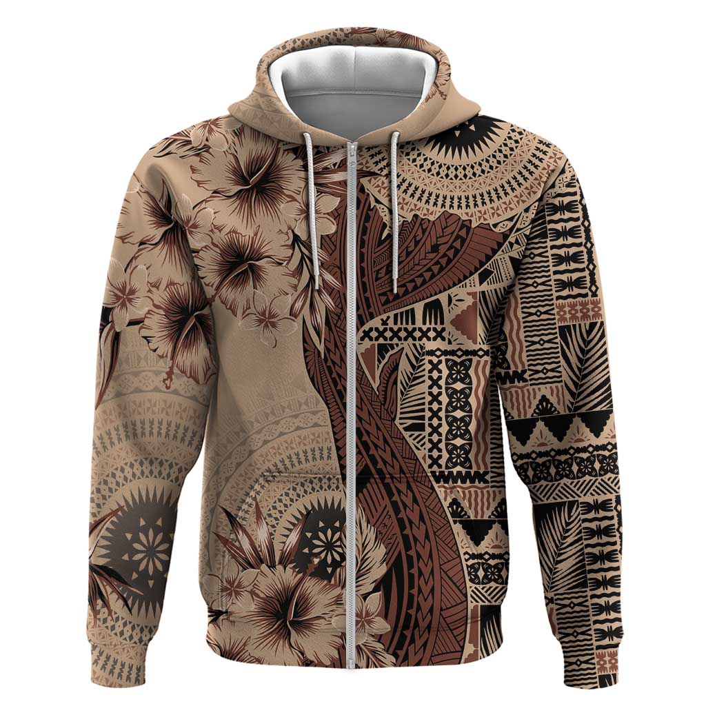 Bula Fiji Zip Hoodie Shark Tail Beige Masi Tapa LT7 Zip Hoodie Beige - Polynesian Pride