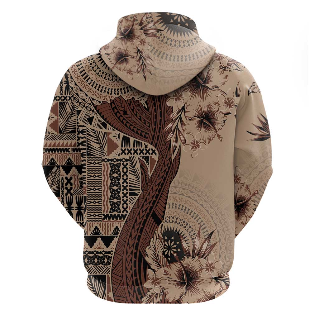Bula Fiji Zip Hoodie Shark Tail Beige Masi Tapa LT7 - Polynesian Pride