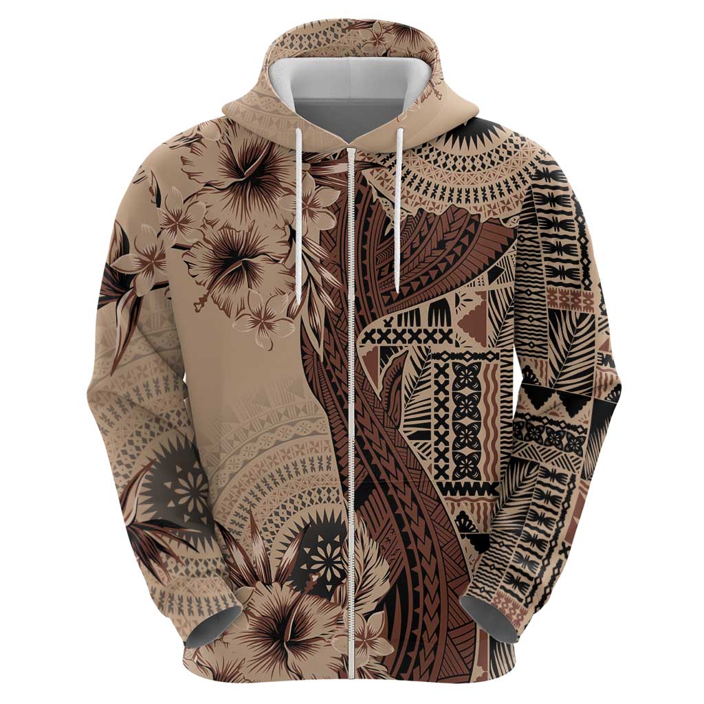 Bula Fiji Zip Hoodie Shark Tail Beige Masi Tapa LT7 - Polynesian Pride