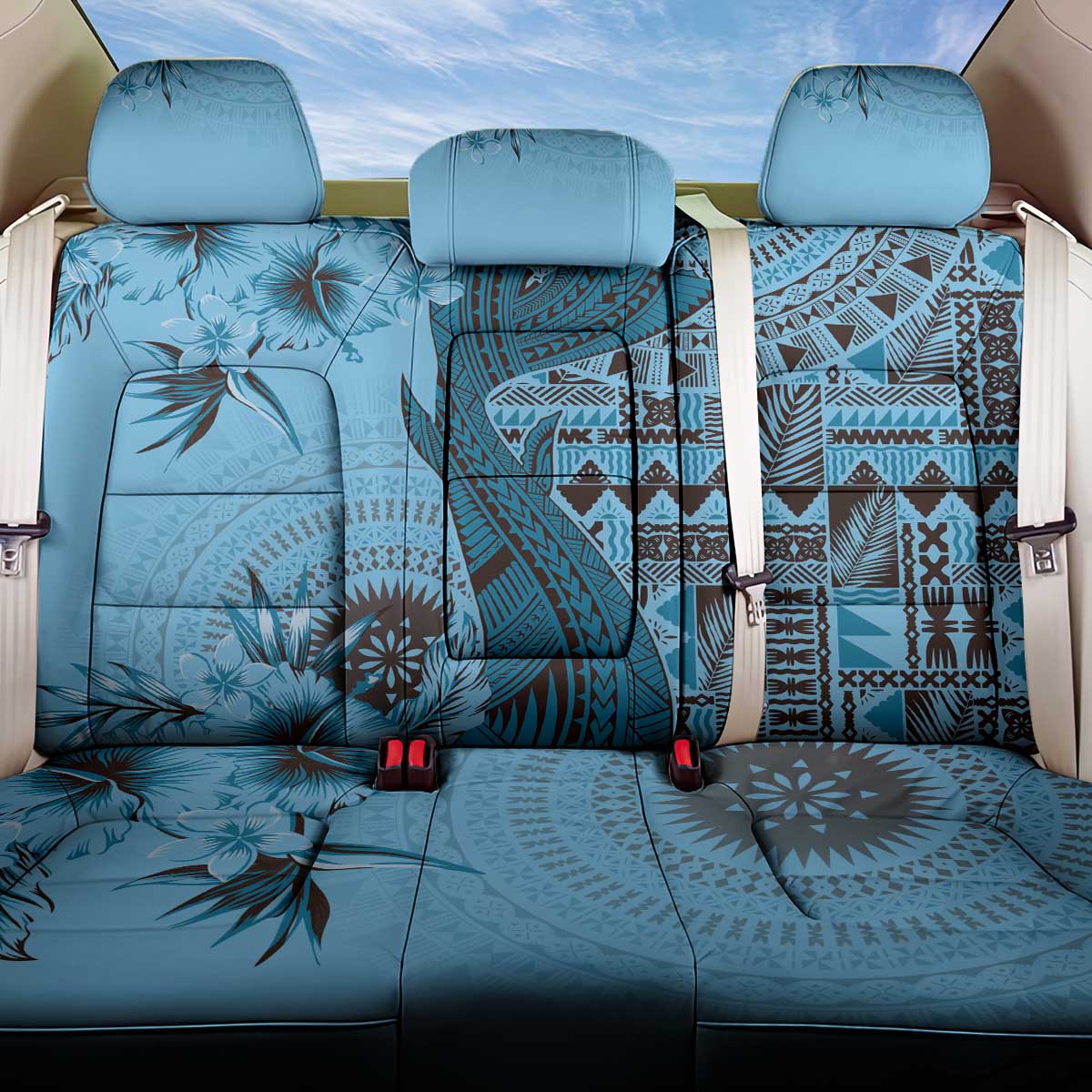 Bula Fiji Back Car Seat Cover Shark Tail Turquoise Masi Tapa