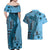 Bula Fiji Couples Matching Off Shoulder Maxi Dress and Hawaiian Shirt Shark Tail Turquoise Masi Tapa