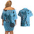 Bula Fiji Couples Matching Off Shoulder Short Dress and Hawaiian Shirt Shark Tail Turquoise Masi Tapa