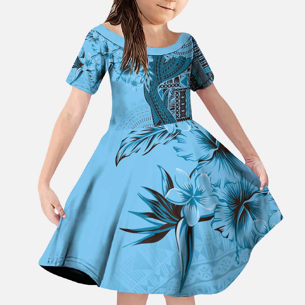 Bula Fiji Family Matching Mermaid Dress and Hawaiian Shirt Shark Tail Turquoise Masi Tapa