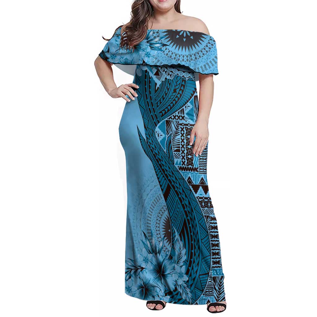 Bula Fiji Family Matching Off Shoulder Maxi Dress and Hawaiian Shirt Shark Tail Turquoise Masi Tapa