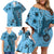 Bula Fiji Family Matching Off Shoulder Short Dress and Hawaiian Shirt Shark Tail Turquoise Masi Tapa