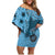 Bula Fiji Family Matching Off Shoulder Short Dress and Hawaiian Shirt Shark Tail Turquoise Masi Tapa