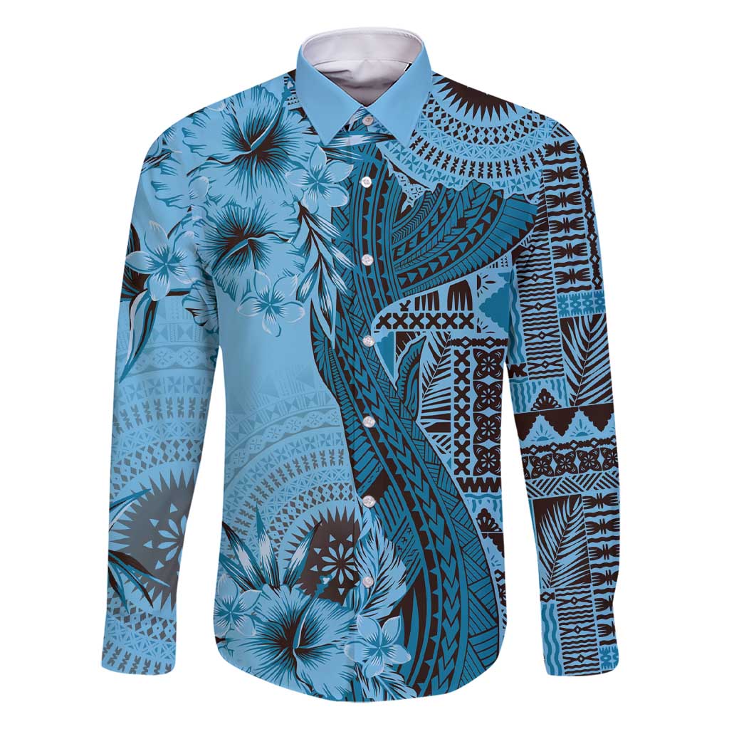 Bula Fiji Family Matching Short Sleeve Bodycon Dress and Hawaiian Shirt Shark Tail Turquoise Masi Tapa