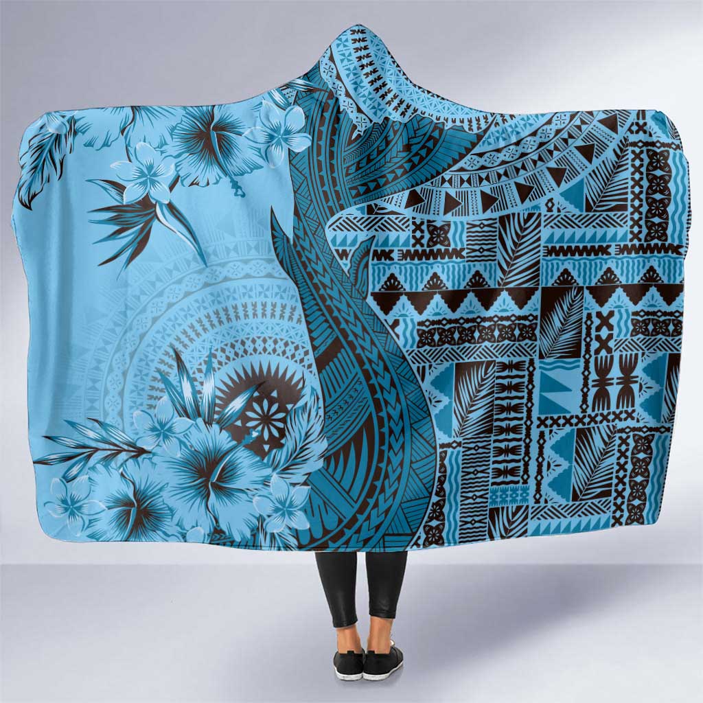 Bula Fiji Hooded Blanket Shark Tail Turquoise Masi Tapa