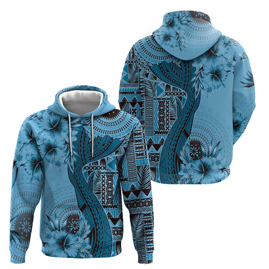 Bula Fiji Hoodie Shark Tail Turquoise Masi Tapa LT7 - Polynesian Pride