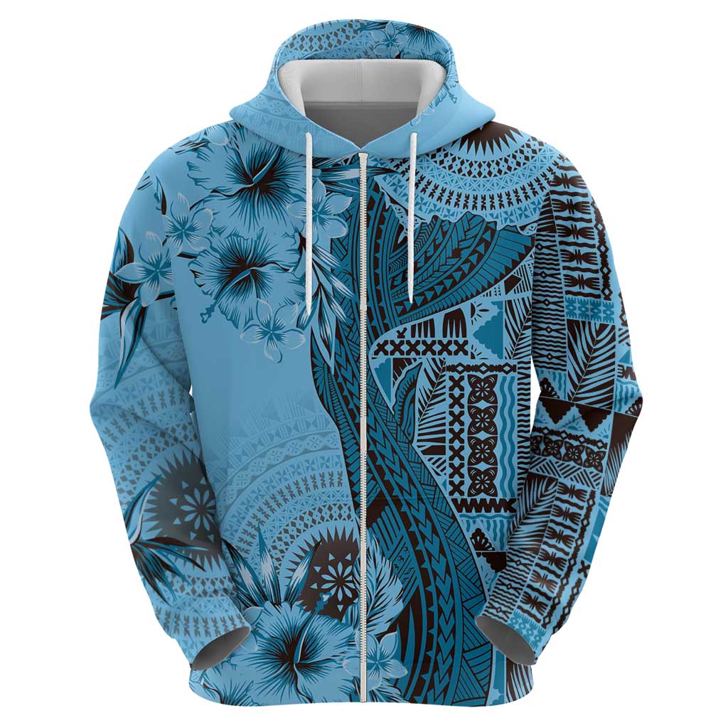 Bula Fiji Hoodie Shark Tail Turquoise Masi Tapa LT7 - Polynesian Pride