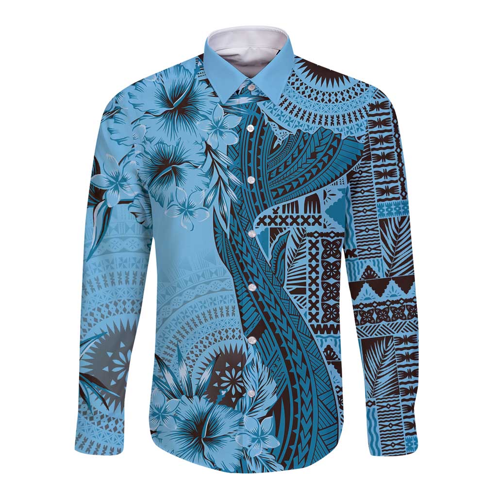 Bula Fiji Long Sleeve Button Shirt Shark Tail Turquoise Masi Tapa LT7 Unisex Turquoise - Polynesian Pride