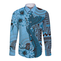 Bula Fiji Long Sleeve Button Shirt Shark Tail Turquoise Masi Tapa LT7 Unisex Turquoise - Polynesian Pride