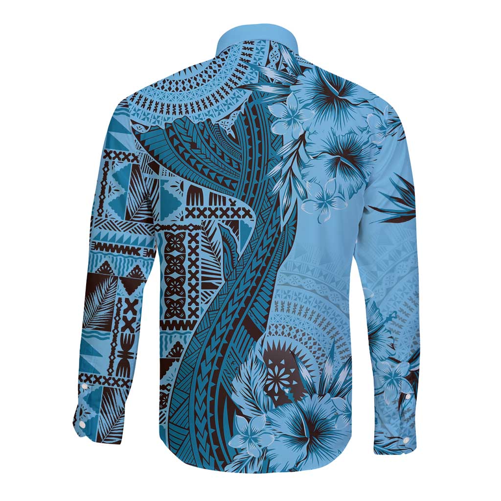 Bula Fiji Long Sleeve Button Shirt Shark Tail Turquoise Masi Tapa LT7 - Polynesian Pride