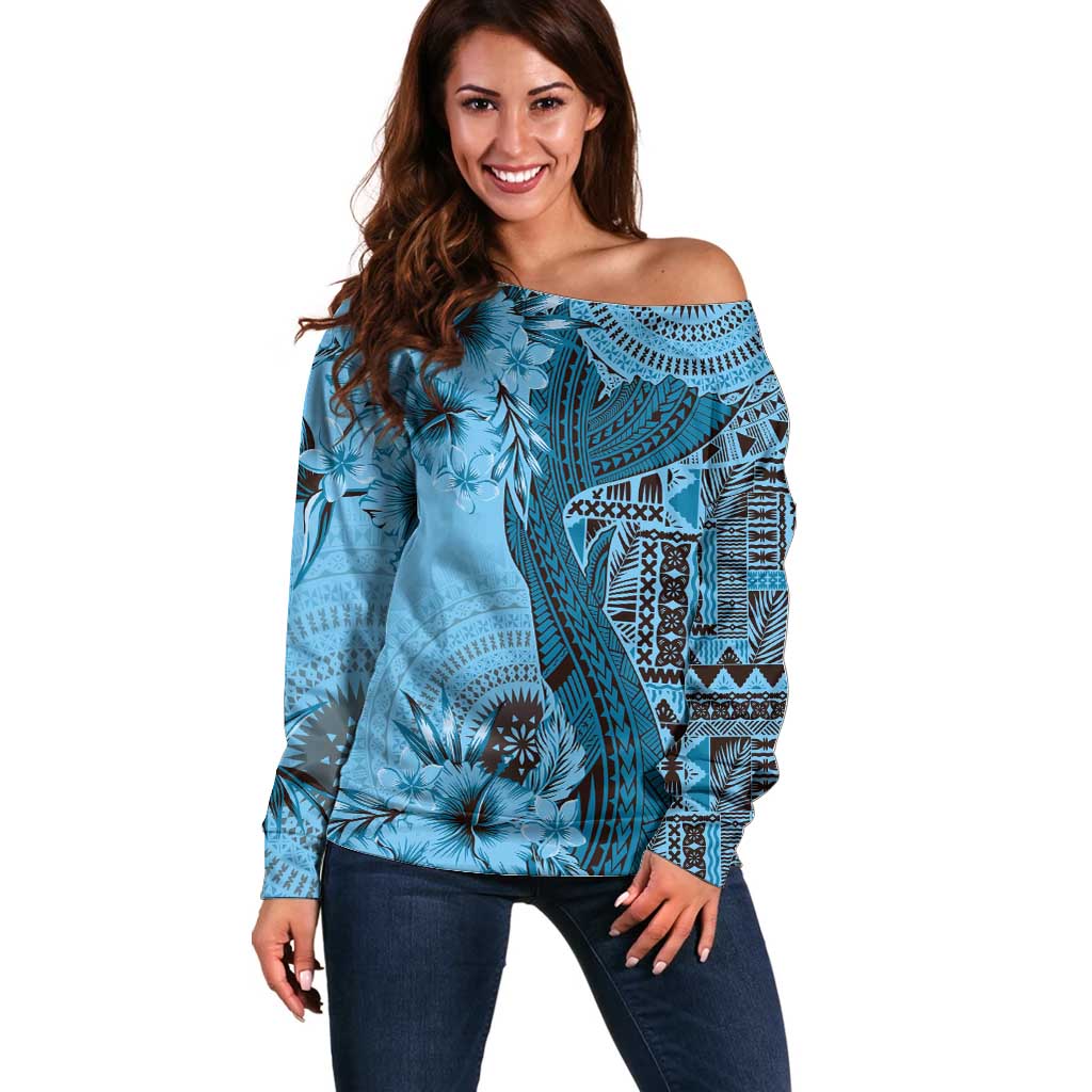 Bula Fiji Off Shoulder Sweater Shark Tail Turquoise Masi Tapa