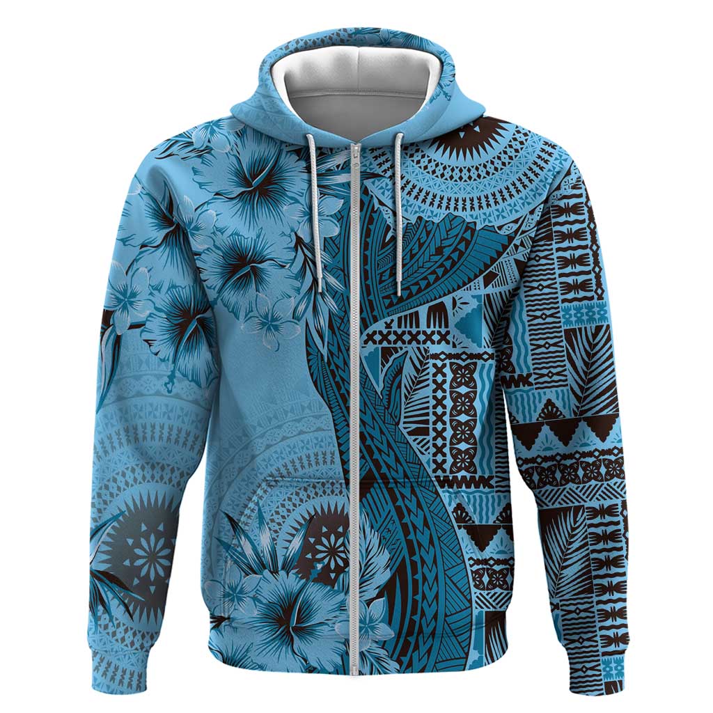 Bula Fiji Zip Hoodie Shark Tail Turquoise Masi Tapa LT7 Zip Hoodie Turquoise - Polynesian Pride