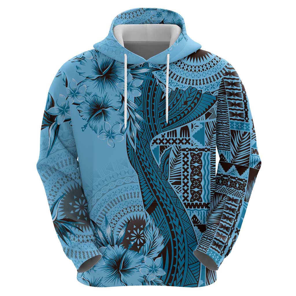 Bula Fiji Zip Hoodie Shark Tail Turquoise Masi Tapa LT7 - Polynesian Pride