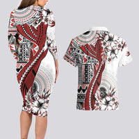 Bula Fiji Couples Matching Long Sleeve Bodycon Dress and Hawaiian Shirt Shark Tail White Masi Tapa
