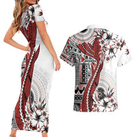 Bula Fiji Couples Matching Short Sleeve Bodycon Dress and Hawaiian Shirt Shark Tail White Masi Tapa