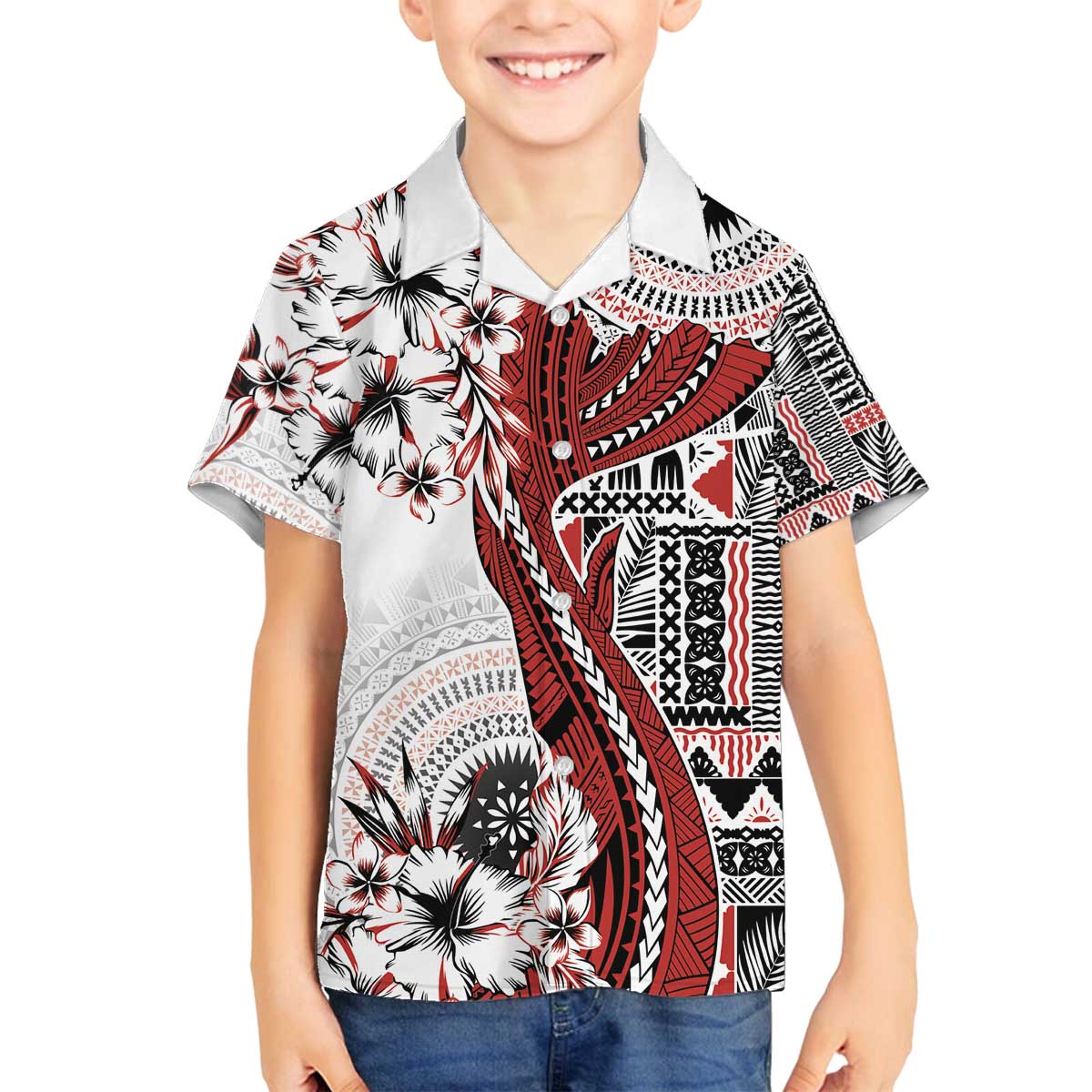 Bula Fiji Family Matching Puletasi and Hawaiian Shirt Shark Tail White Masi Tapa