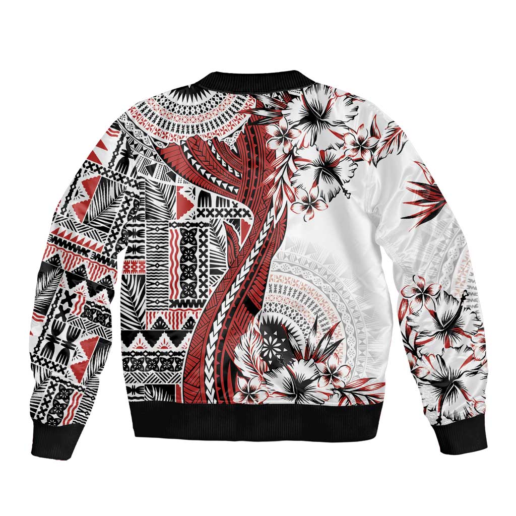 Bula Fiji Sleeve Zip Bomber Jacket Shark Tail White Masi Tapa