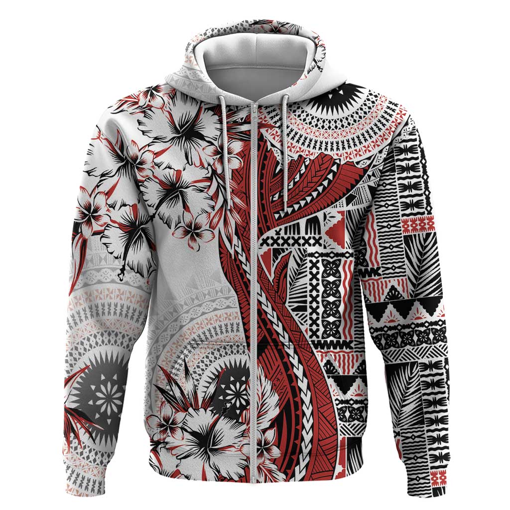 Bula Fiji Zip Hoodie Shark Tail White Masi Tapa LT7 Zip Hoodie White - Polynesian Pride