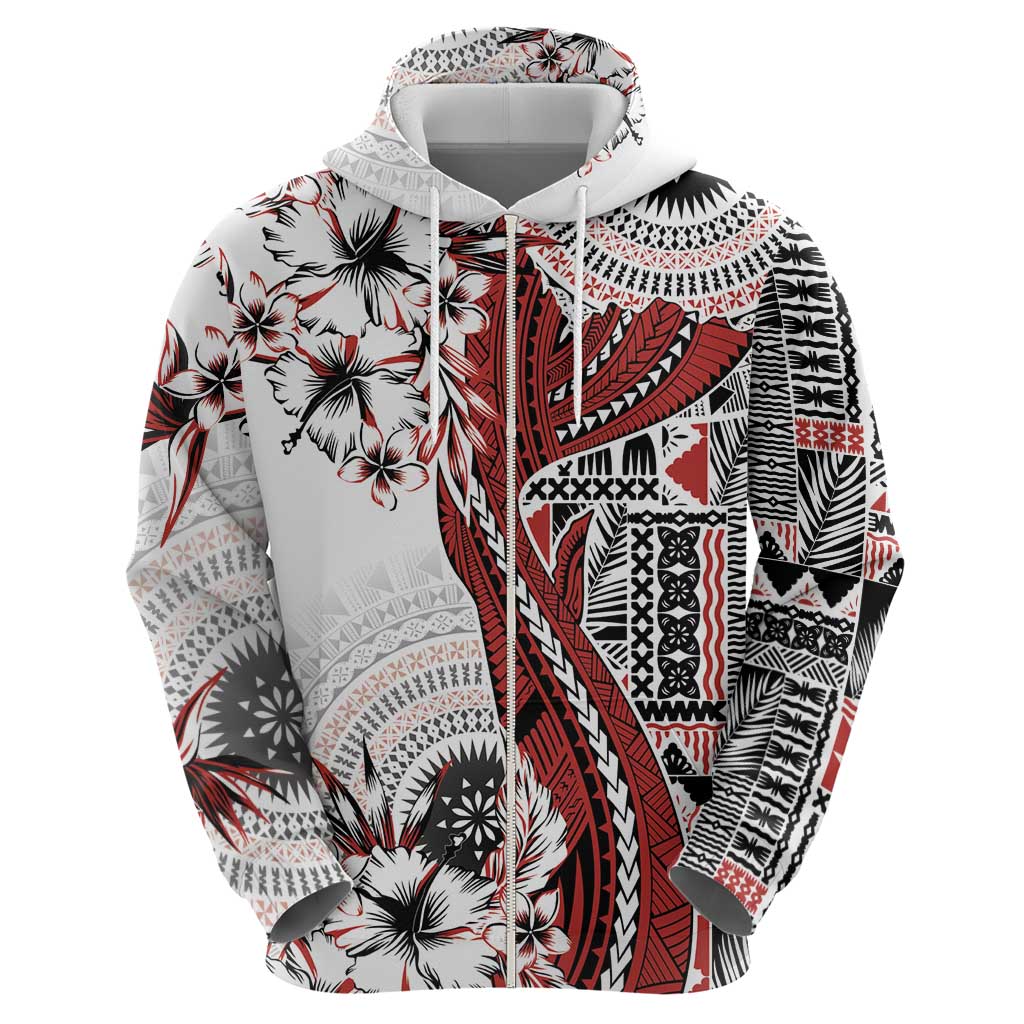 Bula Fiji Zip Hoodie Shark Tail White Masi Tapa LT7 - Polynesian Pride