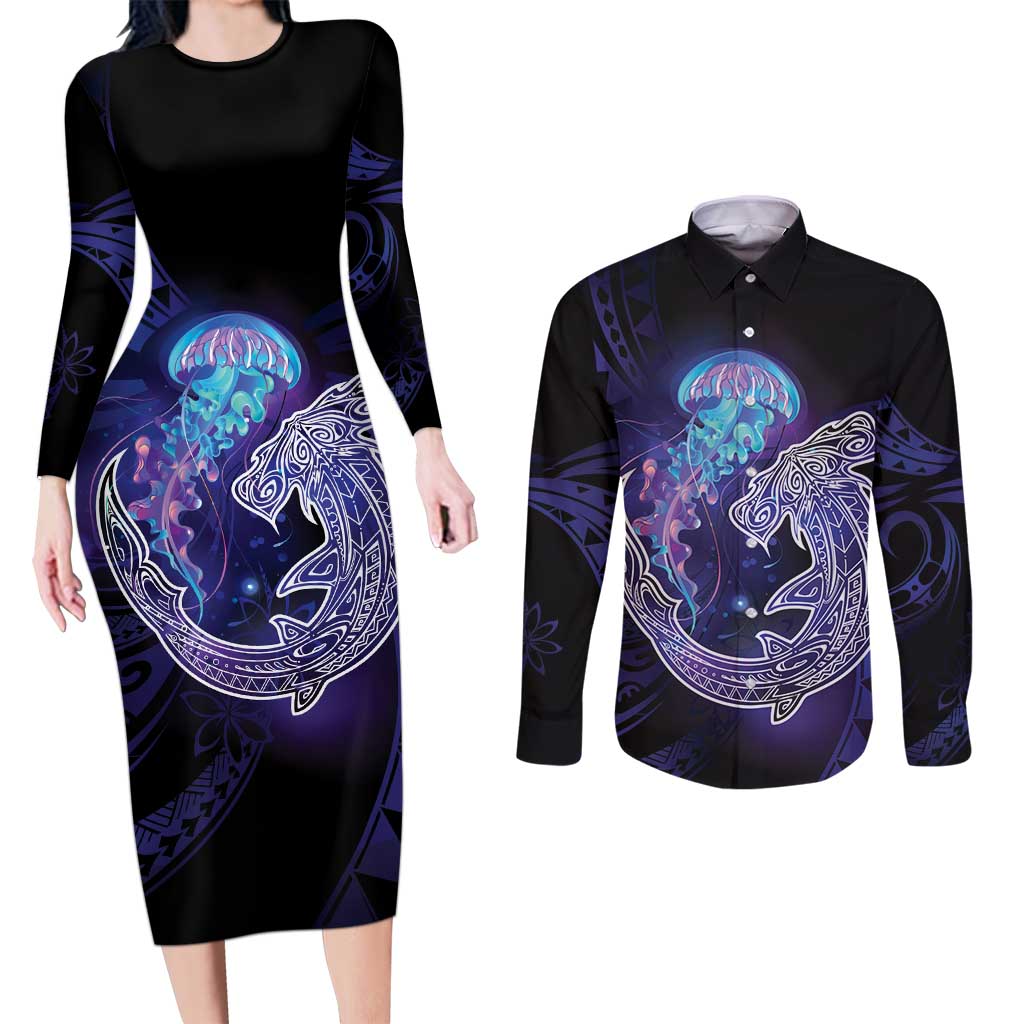 Polynesian Aumakua Couples Matching Long Sleeve Bodycon Dress and Long Sleeve Button Shirt Jellyfish with Shark - Polynesian Pride