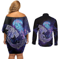 Polynesian Aumakua Couples Matching Off Shoulder Short Dress and Long Sleeve Button Shirt Jellyfish with Shark - Polynesian Pride
