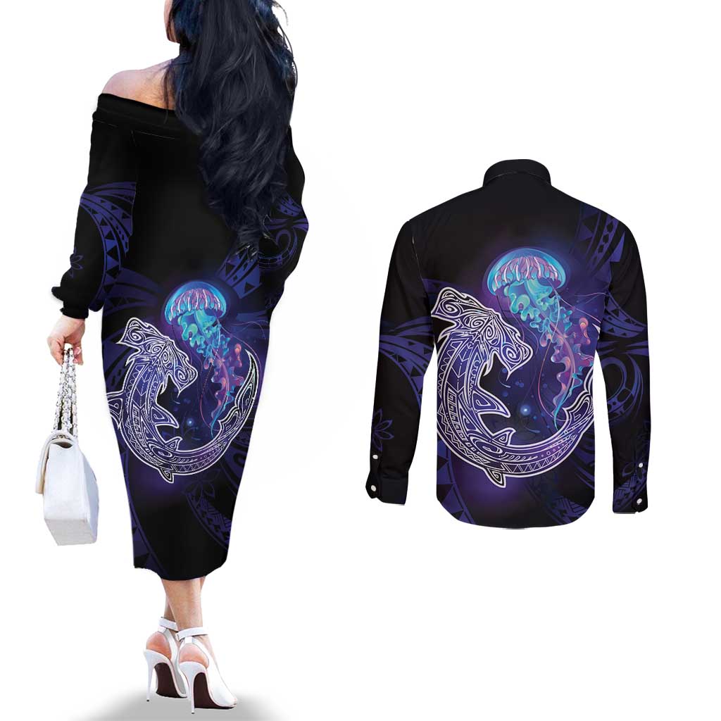 Polynesian Aumakua Couples Matching Off The Shoulder Long Sleeve Dress and Long Sleeve Button Shirt Jellyfish with Shark - Polynesian Pride