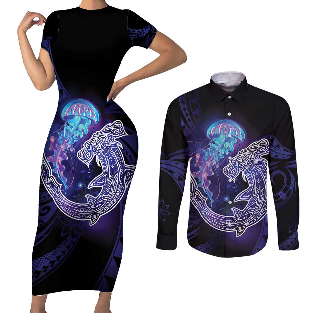 Polynesian Aumakua Couples Matching Short Sleeve Bodycon Dress and Long Sleeve Button Shirt Jellyfish with Shark - Polynesian Pride