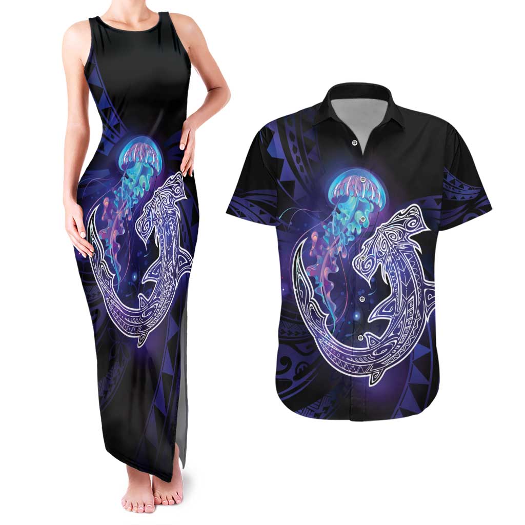Polynesian Aumakua Couples Matching Tank Maxi Dress and Hawaiian Shirt Jellyfish with Shark - Polynesian Pride