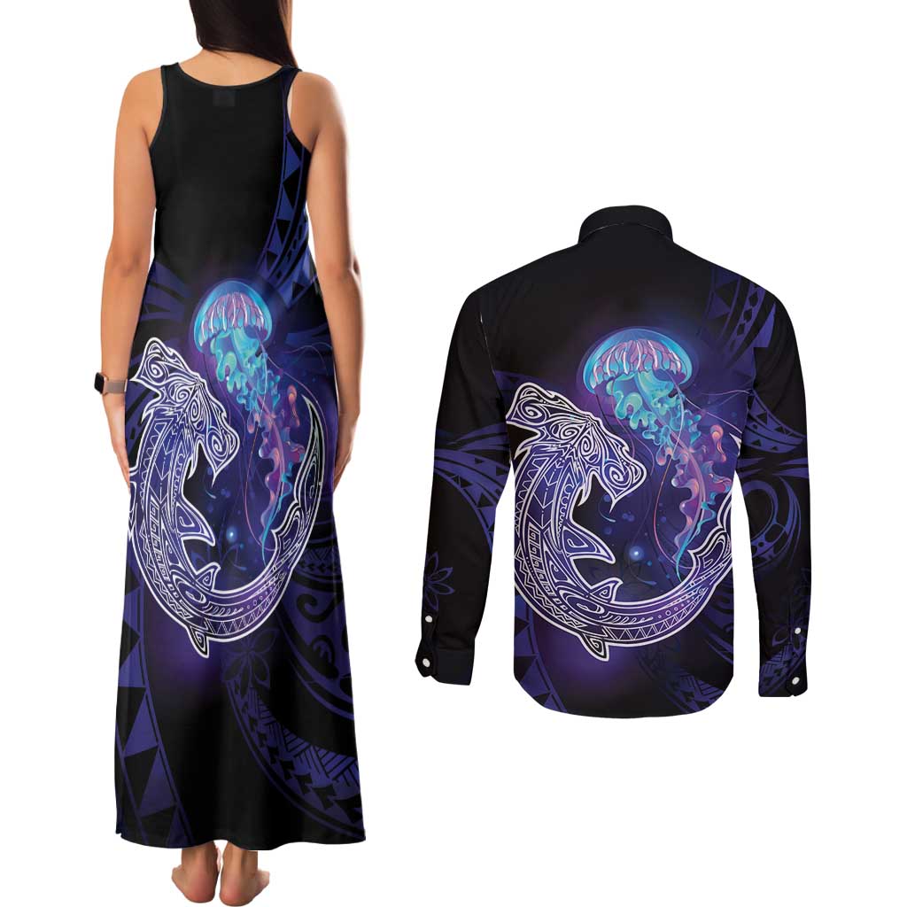 Polynesian Aumakua Couples Matching Tank Maxi Dress and Long Sleeve Button Shirt Jellyfish with Shark - Polynesian Pride