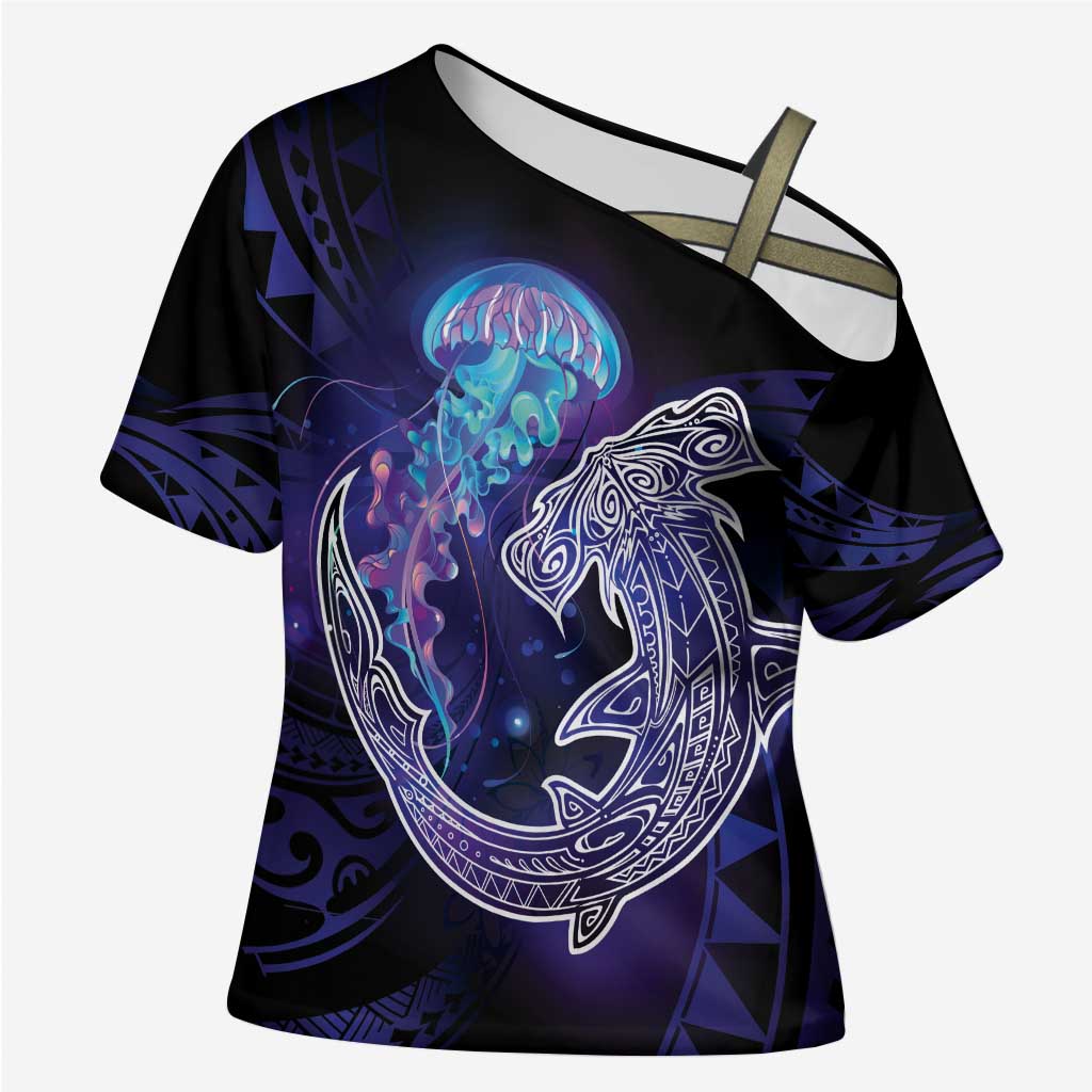 Polynesian Aumakua Cross Shoulder Shirt Jellyfish with Shark - Polynesian Pride