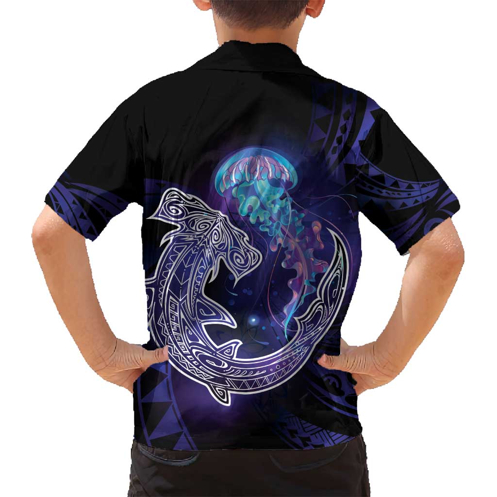Polynesian Aumakua Family Matching Long Sleeve Bodycon Dress and Hawaiian Shirt Jellyfish with Shark - Polynesian Pride