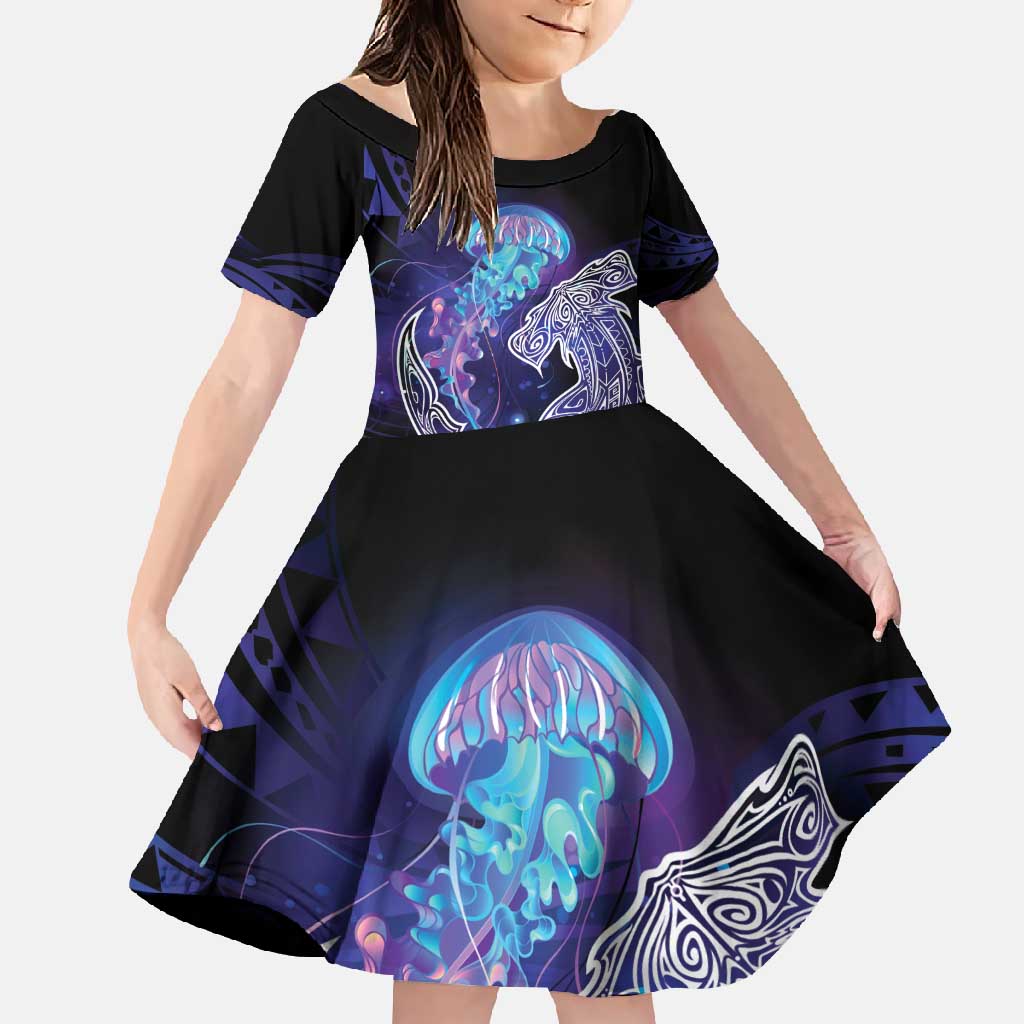 Polynesian Aumakua Family Matching Mermaid Dress and Hawaiian Shirt Jellyfish with Shark - Polynesian Pride